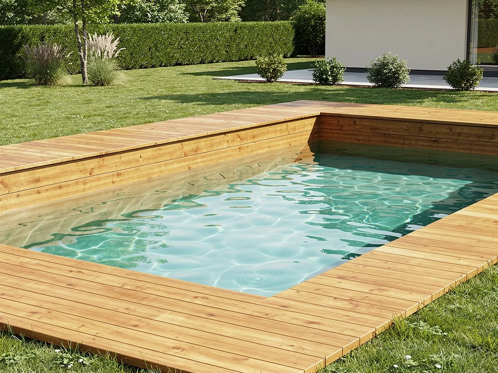 Piscine semi-enterrée en bois rectangulaire avec terrasse en lames