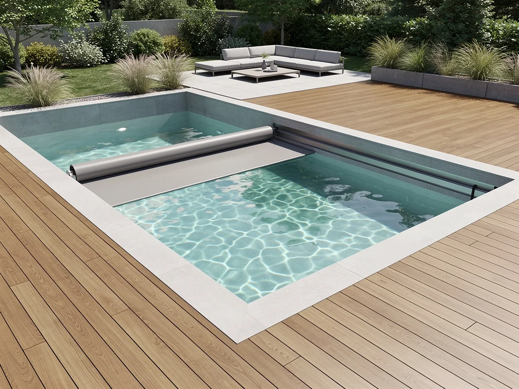 Piscine semi-enterrée composite avec volet roulant et deck bois