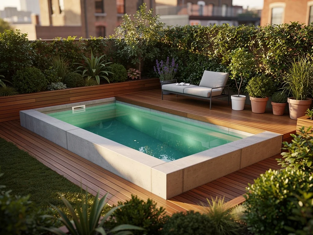 Petite piscine semi-enterrée en béton habillée d'une terrasse