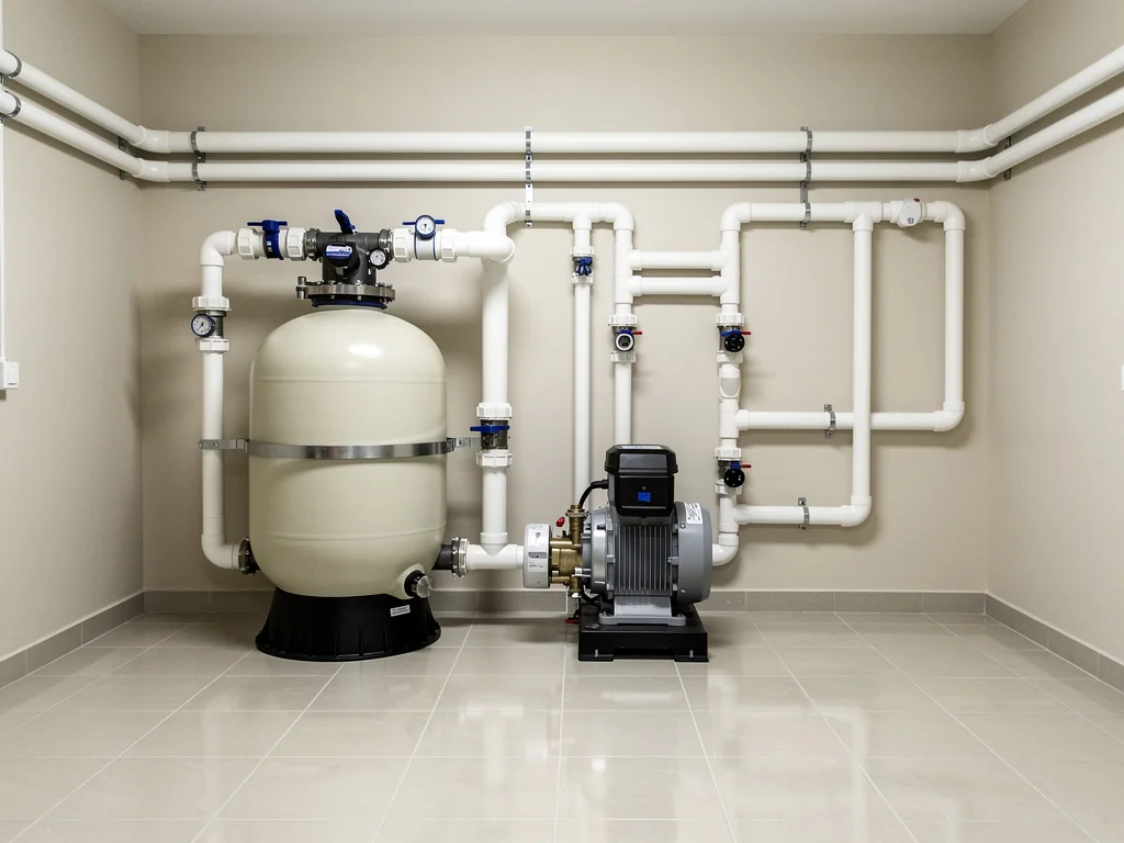 Local technique et système de filtration d'une piscine semi-enterrée